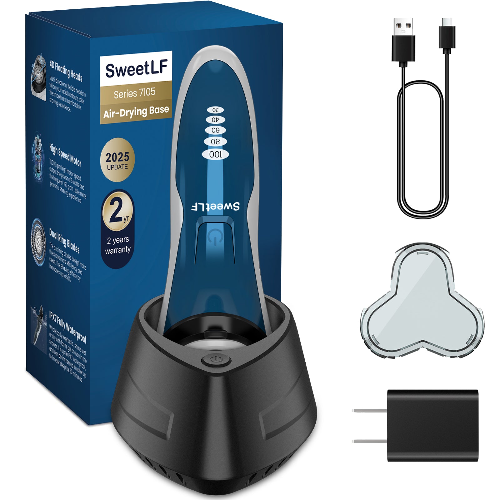 SweetLF Electric Shaver with Air Drying Base - IPX7 Waterproof Electric Razor, Rechargeable Cordless Shavers for Men, Type-C, 120Mins Runtime, Plug & Play, Pop-up Trimmer, (with US Standard Charger),Blue