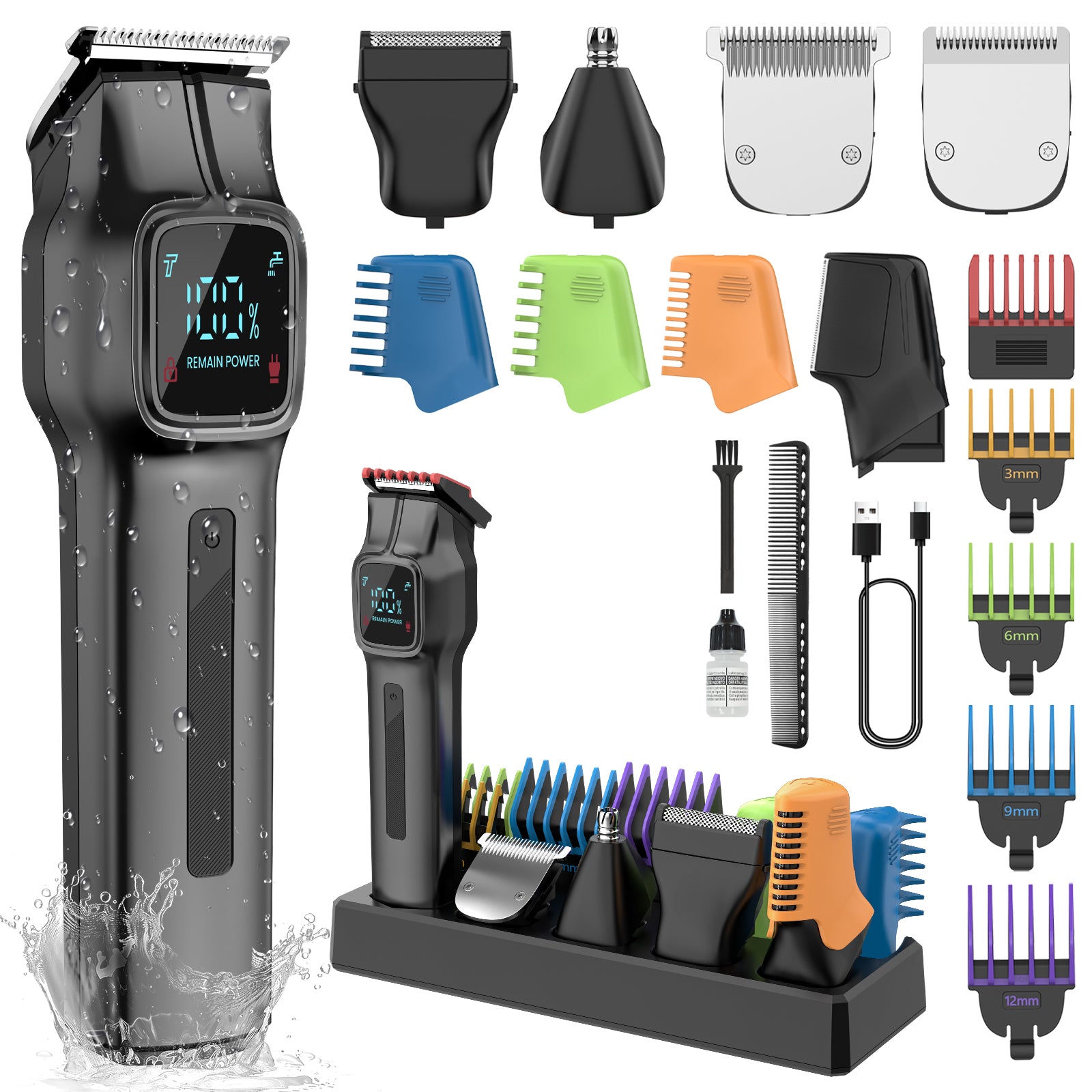 SweetLF Cordless Beard Trimmer for Men: 180-Min USB-C Charge & Storage Stand, IPX7 Waterproof Rechargeable Hair Trimmer - All-in-One Magnetic Replace Grooming Kit for Face/Hair/Nose - 2 Adjustable Speeds