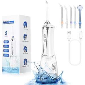 SweetLF Water Dental Flosser Pick for Teeth, 5 Modes Cordless Portable Oral Irrigator, 300ML Tank Water Teeth Cleaner with 5 Jet Tips, IPX7 Waterproof Rechargeable Flossing Picks for Home Travel