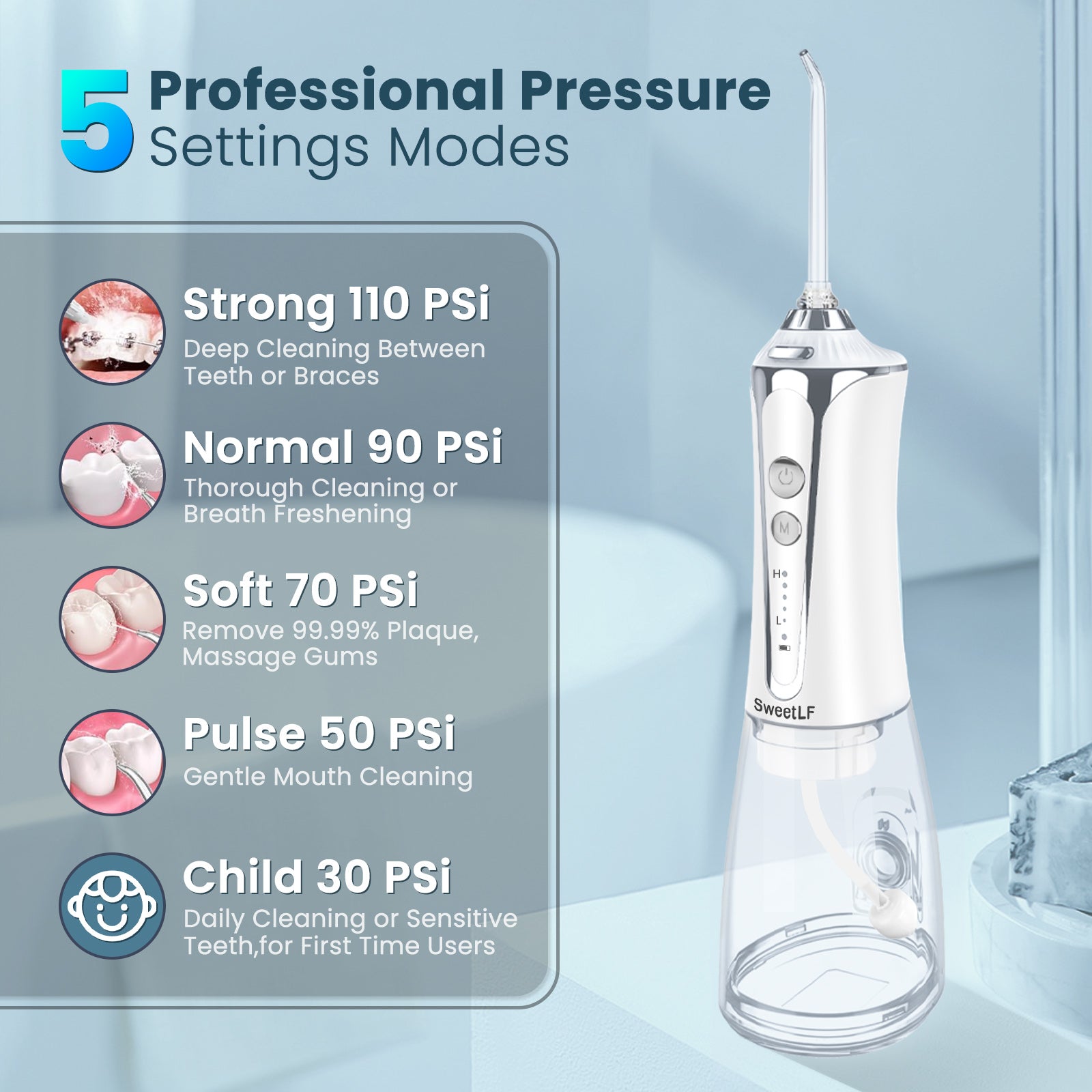 SweetLF Water Dental Flosser Pick for Teeth, 5 Modes Cordless Portable Oral Irrigator, 300ML Tank Water Teeth Cleaner with 5 Jet Tips, IPX7 Waterproof Rechargeable Flossing Picks for Home Travel