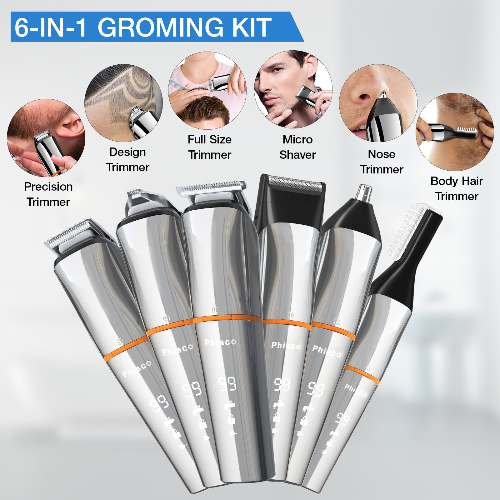 Phisco Rechargeable Wet & Dry Hair Groomer Cordless Precision Trimmer 6 in 1 Kit for men